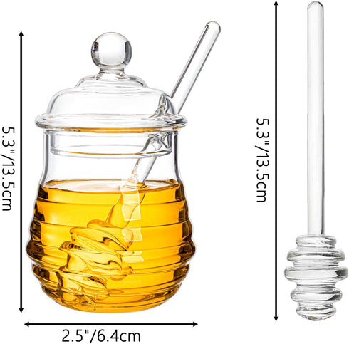 Lawei Glass Honey Jar with Dipper and Lid, 10 OZ Heat-Resistant Honey Pot, Clear Glass Container for Honey and Syrup