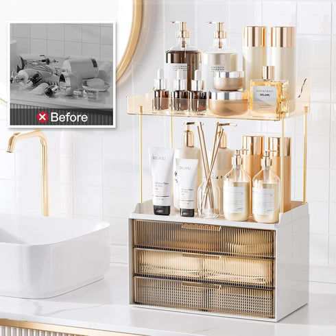 2 3 Countertop, Counter, Delamu Bathroom Organizers and Storage, Tier Drawer Makeup Organizer Easy to Install, Ideal