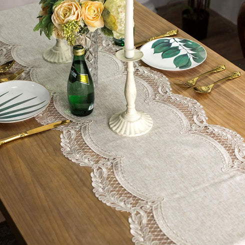 ARTABLE Gray Lace Table Runner 16 x 60 Inch Cotton Linen Fabric with Exquisite Macrame Embroidery for Dining Decor