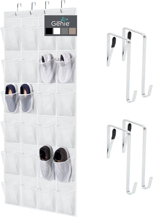 HOME GENIE 24 Pocket Strong Space Saving Over Door Shoe Organizer, Holds Up to 40 Pounds, White