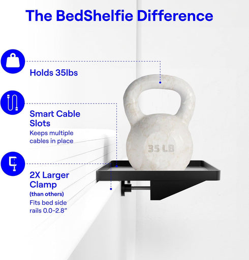 BedShelfie Bedside Shelf - Clip On Nightstand for Bunk Bed & College Dorm Room Essentials, Black
