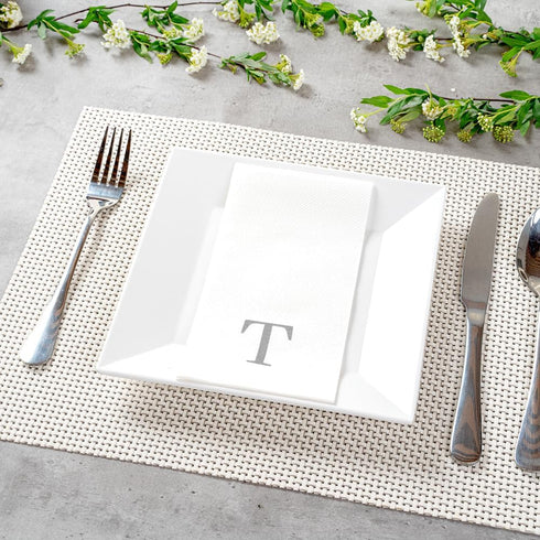 15.8 7.9 Inch 50 Luxenap X Linen-Feel Guest Towels, Lettered Hand Towels - Silver Letter 'T', Sans Serif Font, White
