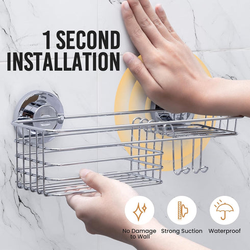 LEVERLOC Suction Cup Shower Organizer - Removable Shelf with Hooks & Soap Holder