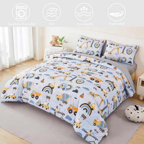 5 Set Set ANGIYUIN Pieces Construction Twin Size Comforter for Boys Kids Cartoon Car Excavator Tractor Bed in A Bag