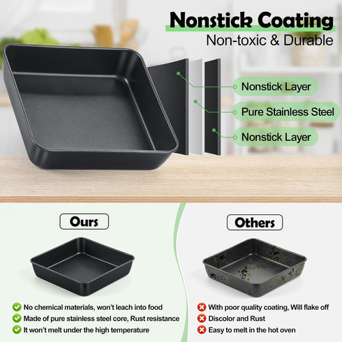 TeamFar 9 Inch Square Cake Pan with Lid, Non-Stick Square Baking Roasting Pan with Stainless Steel Core