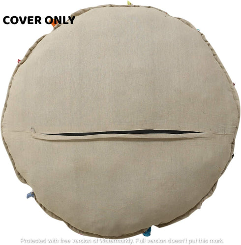 GANESHAM Vintage Indian Handmade Bohemian Patchwork Cotton Foot Stool, Round Floor Pillows & Cushion Cover (White, 32