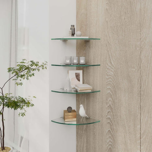 VeeCano 2 9.4" Tier Glass Corner Shelf Clear Shower Shelf Adhesive Shower Caddy Corner Organizer Thick Tempered Glass