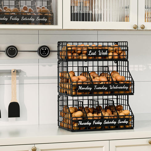Countertop 3 Egg Holder with Dividers & Labels, Tier Stackable Chicken Egg Holder Egg Baskets for Gathering Fresh Eggs