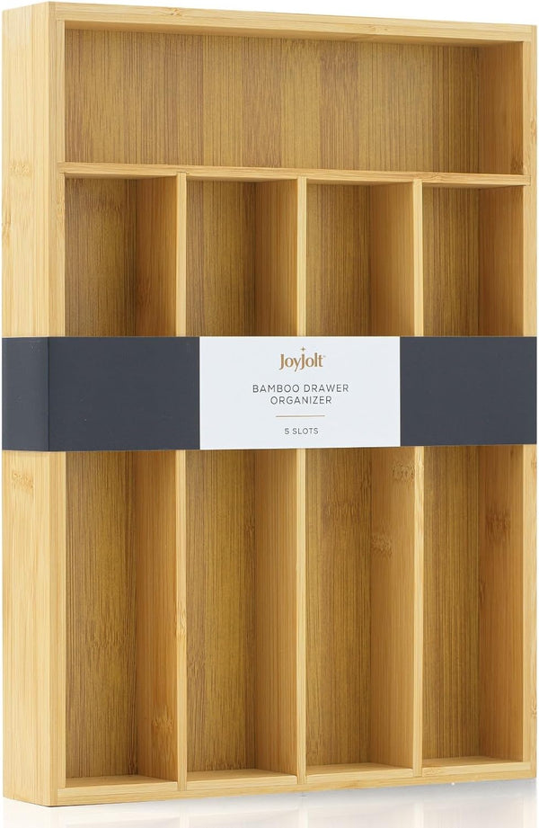 JoyJolt Bamboo Drawer Organizer for Kitchen Utensils, 5-Compartment Silverware Holder, Flatware Organizer