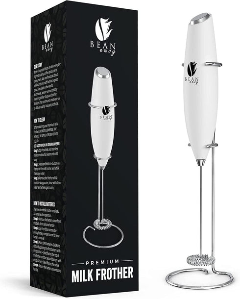Bean Envy Handheld Milk Frother for Coffee - Electric Mini Drink Mixer Whisk & Coffee Foamer Wand with Stand for