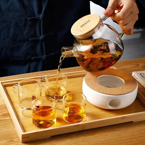 Hwagui Glass Teapot with Infuser, Heat Resistant Kettle for Loose and Blooming Tea, 1000ml/33oz
