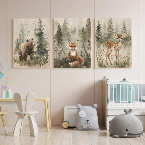 ICHZUMW 12x16in, Set 3 Woodland Animals Nursery Wall Decor, Nursery Wall Art, Watercolor Bear Fox Deer Painting Print