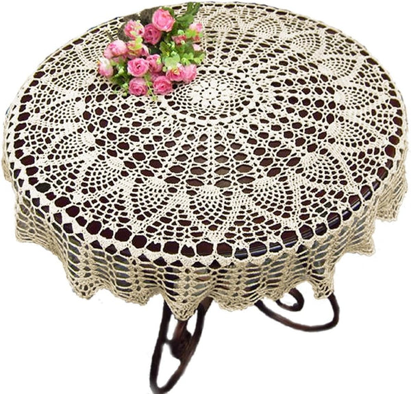 KEPSWET Cotton 40 inch Round Sunflower Beige Handmade Crochet Lace Tablecloth Doily