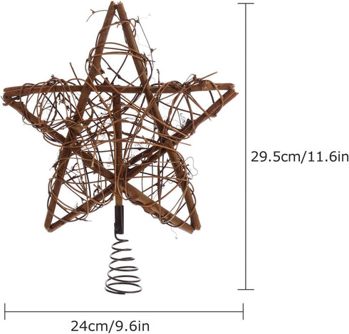 Rustic Christmas Tree Topper, Rattan Natural Star Hollowed-Out Star Ornaments with Coil Base for Holiday Decor