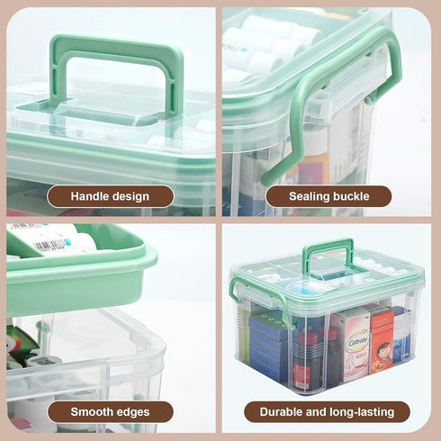 guaiboshi 15QT Clear Medicine Organizer Storage Box with Handle & Tray - Thickened Plastic Empty First Aid Box