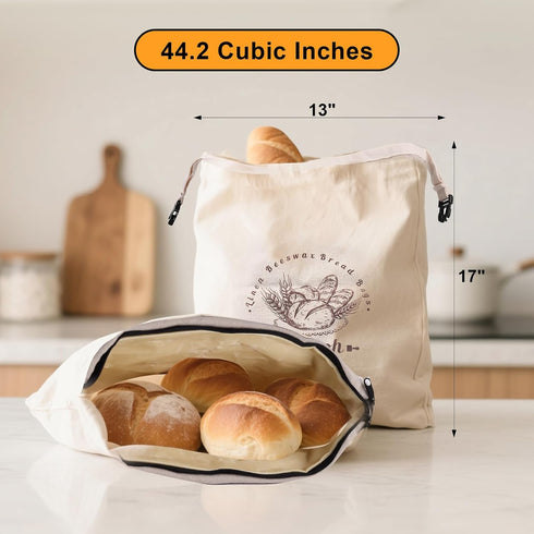 2 Packs Bread Bags for Homemade Bread - XL Reusable Organic Beeswax Linen Cotton Sourdough Bag, Homesteading Essentials