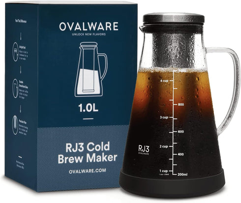 ovalware OVALWRE Airtight Cold Brew Iced Coffee Maker Pitcher, 1.0L / 34oz with Tea Infuser