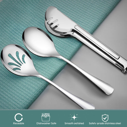 Large Stainless Steel Serving Utensils Set - 10" Spoons, 10" Slotted Spoons, 9" Tongs by Teivio (Silver, Set of 12)