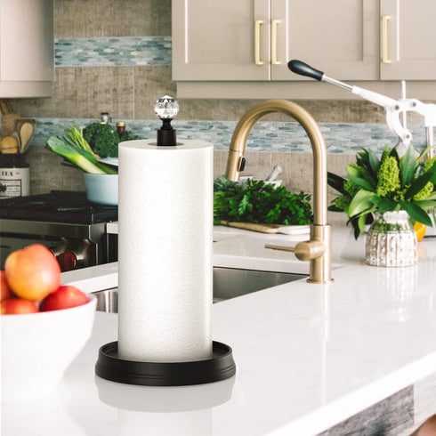 Black Steel Paper Towel Holder with Crystal Head for Kitchen Countertops, Bars & Dining Tables, Fits Standard & Jumbo