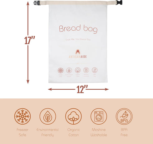 12x17 Reusable Bread Bag for Homemade Sourdough - in Organic Cotton + Food-Safe Lining Roll-Top Buckle Closure, Freezer