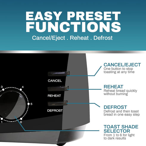 Elite Gourmet ECT4829B Long Slot 4 Slice Toaster, 6 Toast Settings, Defrost, Reheat, Cancel Functions, Extra Wide Slots