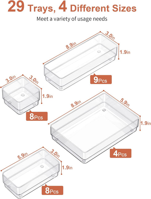 SMARTAKE 29-Piece Drawer Organizer with Non-Slip Silicone Pads, 4-Size Storage Trays for Makeup, Jewelry, Utensils