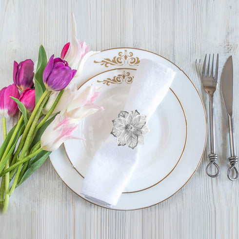 Picowe Set of 12 Alloy Napkin Rings, Hollow Out Flower Holders for Wedding Party Holiday Banquet Decor