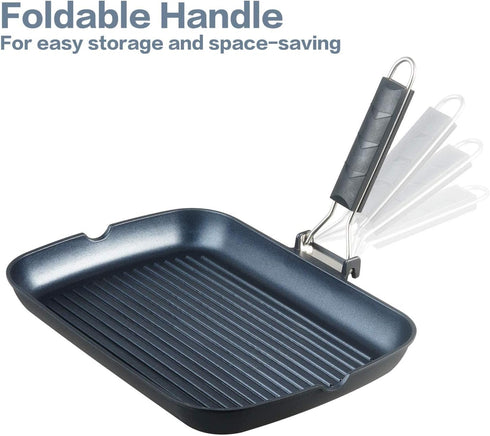 S·KITCHN Nonstick Grill Pan for Stove Tops, Induction Compatible KBBQ - 13 × 9IN with Folding Handle and Pour Spouts