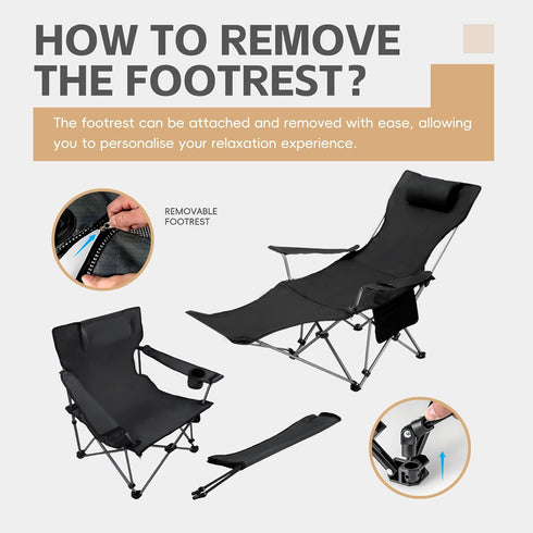 Reclining Camping Chair with Removable Footrest, Adjustable Camping Lounge Beach Chair with Padded Headrest, Cup Holder