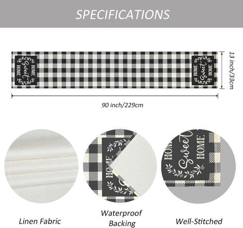 90 Inches (13x90) Buffalo Plaid Linen Table Runner Black and White Checkered Table Runners Long - Heat Resistant