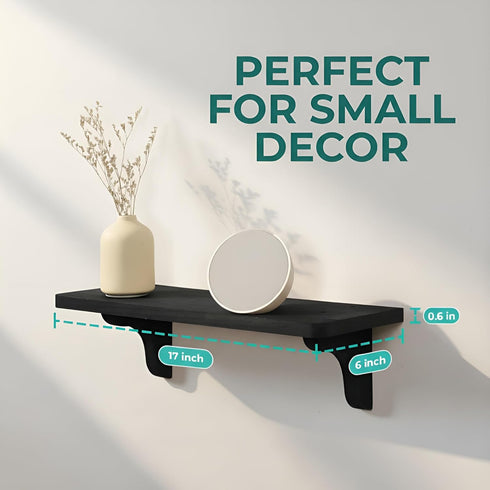 17 inch (3 Pack) Real Wood Black Shelves for Wall - - Easy to Install, Template and Video Included - Black Wall Shelf
