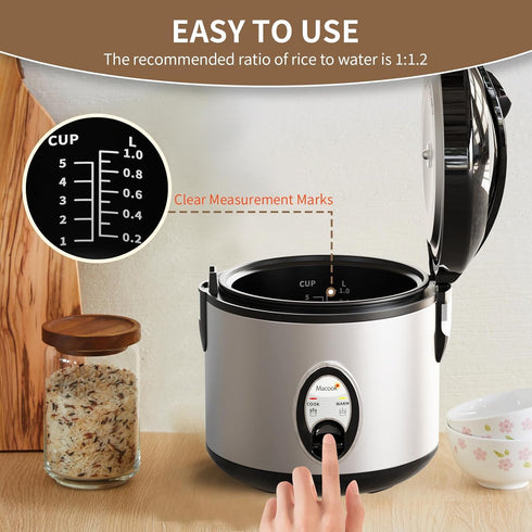 4-Cup (1.0L)/8-Cup Macook Stainless Steel Rice Cooker with Steamer, Uncooked Cooked, Electric Grain & Vegetable Cooker