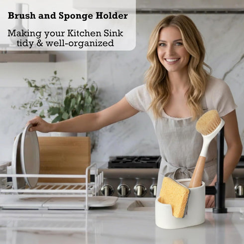 2-in-1 Countertop Countertops Ceramic Sponge Holder for Kitchen Sink, Sponge & Brush Organizer, Compact Sink Caddy