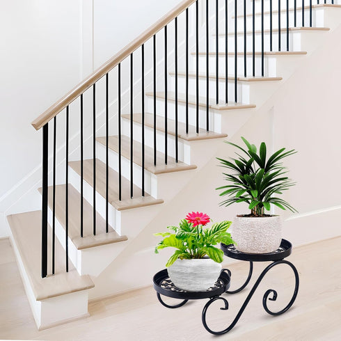 2 Tier Black Plant Stand, Metal Flower Stand Indoor Outdoor, Anti-Rust Iron Plant Shelf, Round Flower Pot Stands