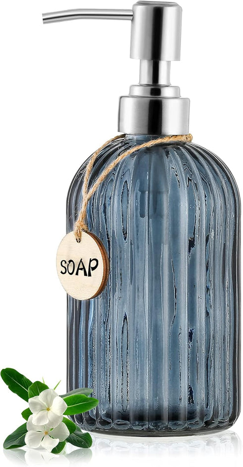 16 OZ Clear Glass Soap Dispenser with Vertical Stripe and 304 Stainless Steel Pump for Bathroom, Kitchen, Lotion (Blue