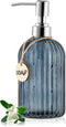 16 OZ Clear Glass Soap Dispenser with Vertical Stripe and 304 Stainless Steel Pump for Bathroom, Kitchen, Lotion (Blue