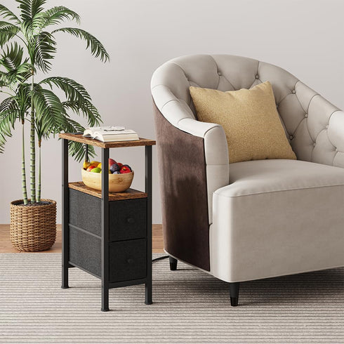 Narrow Side Table for Small Spaces, Skinny End Table with Charging Station,