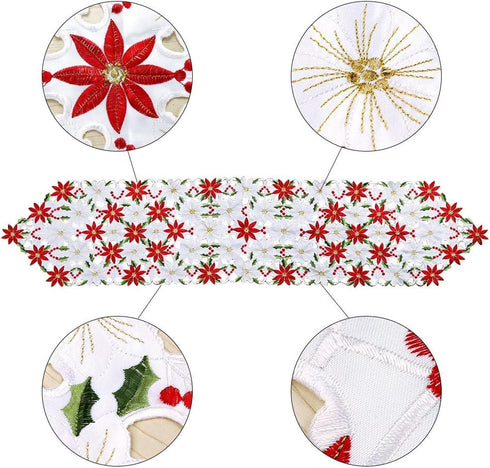 OurWarm Christmas Table Runners, Embroidered Poinsettia Holly Leaf Table Linens, 15 x 70 Inch