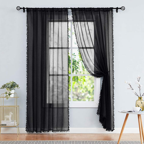Treatmentex Black Pom Pom Sheer Curtains for Bedroom, 63" Linen Texture Decorative Voile Panels (2 Pack)