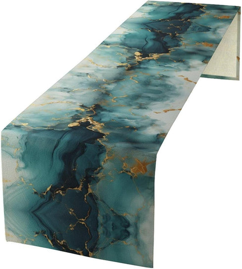 PHTAYOT Teal White Gold Marble Table Runner, Teal White and Gold Abstract Texture