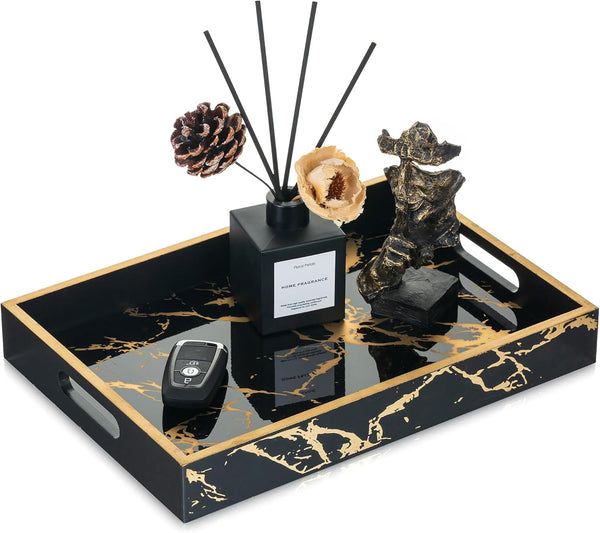 Hanobe Decorative Serving Tray Black: Imitation Marble Coffee Table Tray Decor with