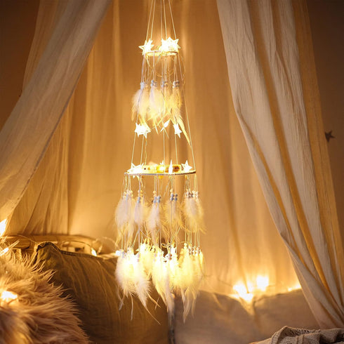 Dremisland Double Circle White Feather Dream Catcher with Mobile LED Fairy Lights Wall Hanging Ornaments Ceiling Decor