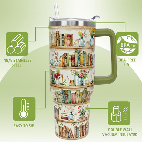 Nqhsionv 40oz Book Lovers Gifts Retro Bookshelf Tumbler Mothers Day Watercolor Flowers Bookworm Coffee Travel Mugs