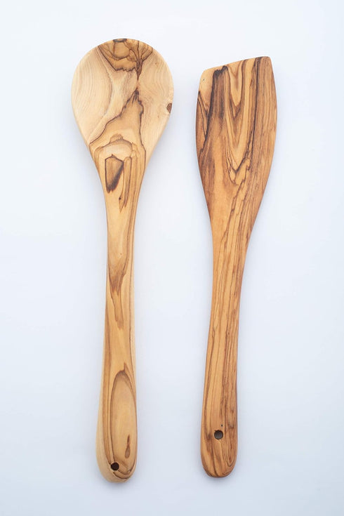Handcrafted Olive Wood Cooking Spoon & Spatula Set of 2 Pieces - 10 Inch Practical Wooden Utensils