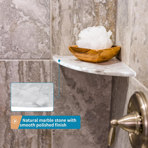 Sanbege 9" Marble Stone Corner Shelf Polished, Wall Mounted Shower Caddy, Floating Shampoo Holder for Bathroom