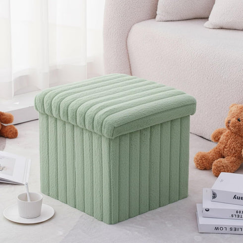 15x15x13 Inch, 265lbs Wenqik Green Storage Ottoman Cube, Fluffy and Furry Green Square Foot Rest Stool, Foldable