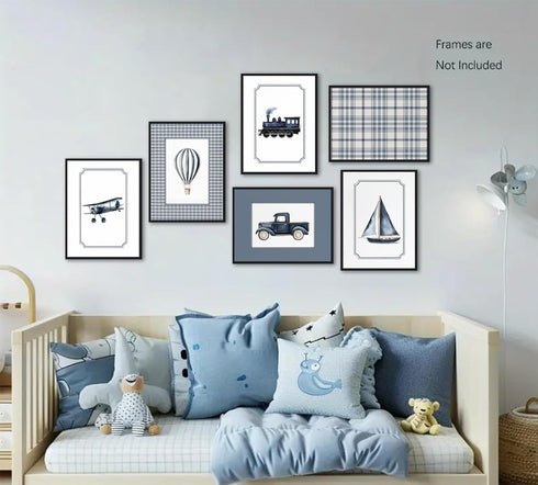 6Pcs Sailboat 12"x16" Vintage Transportation Nursery Wall Art Navy Blue Hot Air Balloon Biplane Train Truck Pictures