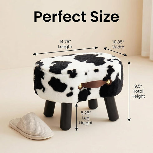 Small Footstool with Handle, Faux Fur Ottoman Foot Rest with Padded Seat, Curved Foot Stool with Wooden Legs, Portable