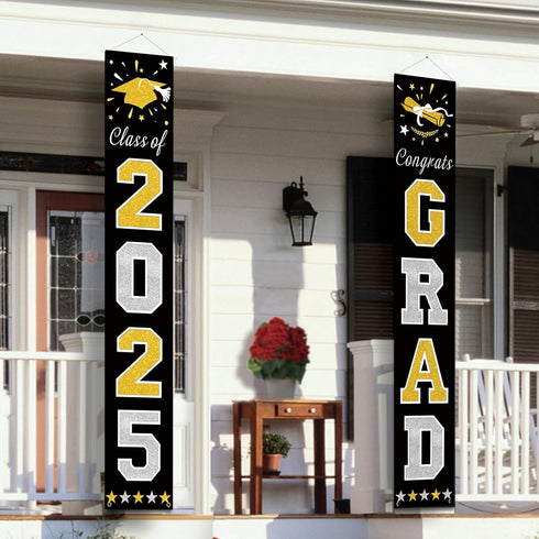 DAZONGE 2025 Graduation Decorations, Black & Gold Class of Porch Banners for Any Schools or Grades Party Supplies