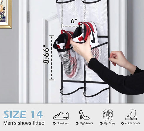 MISSLO Over The Door Shoe Organizer, 12 Large Mesh Pockets, Hanging Narrow Closet Door, White, 2 Pack
